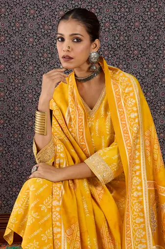 Yellow chanderi silk embroidered kurta trouser dupatta set