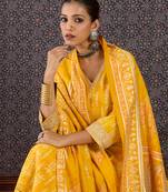 Yellow chanderi silk embroidered kurta trouser dupatta set