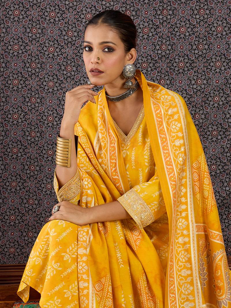 Yellow chanderi silk embroidered kurta trouser dupatta set