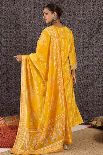 Yellow chanderi silk embroidered kurta trouser dupatta set