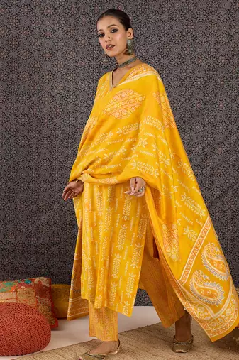 Yellow chanderi silk embroidered kurta trouser dupatta set