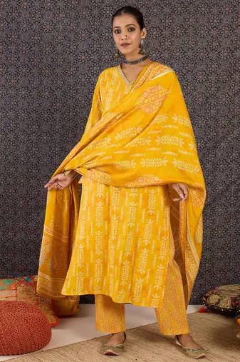 Yellow chanderi silk embroidered kurta trouser dupatta set