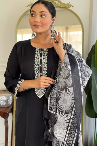 Black silk blend embroidered kurta trouser dupatta set
