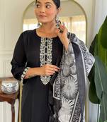 Black silk blend embroidered kurta trouser dupatta set