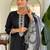 Black silk blend embroidered kurta trouser dupatta set