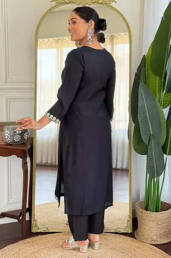 Black silk blend embroidered kurta trouser dupatta set