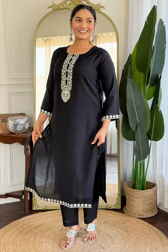 Black silk blend embroidered kurta trouser dupatta set