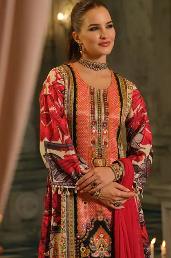 Multi silk blend printed kurta trouser dupatta set