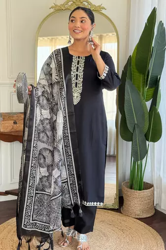Black silk blend embroidered kurta trouser dupatta set