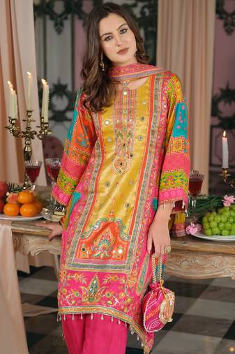 Multi silk blend embroidered kurta trouser dupatta set