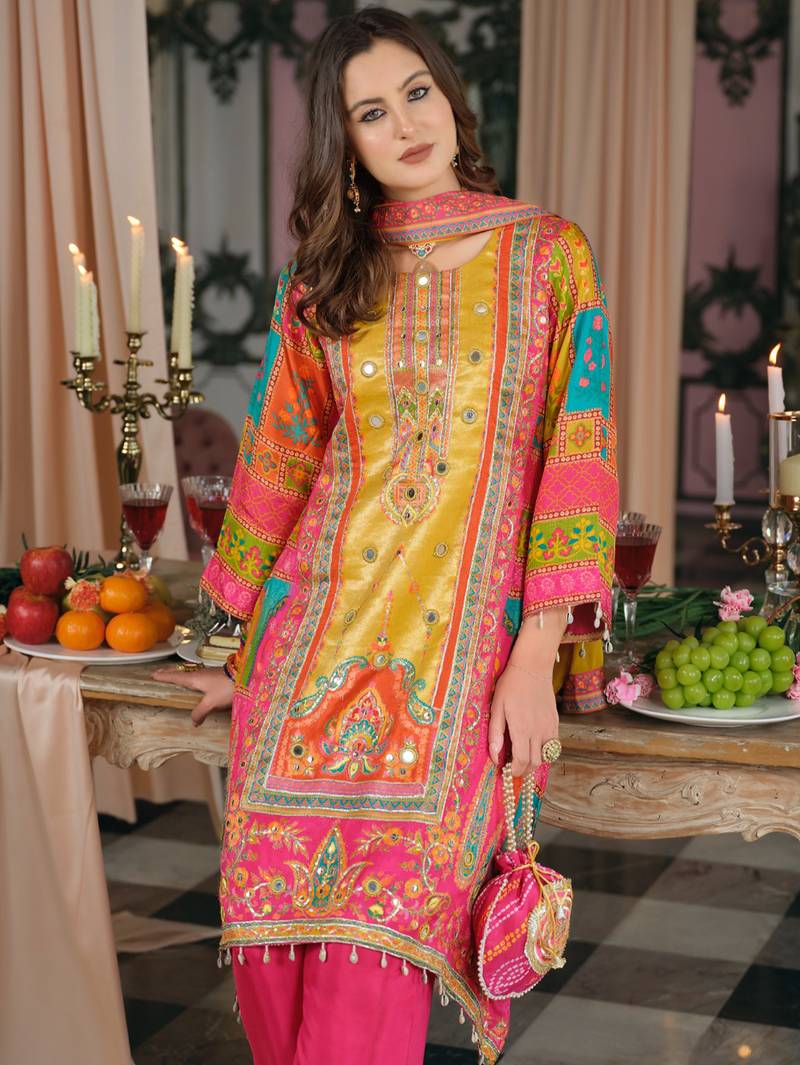 Multi silk blend embroidered kurta trouser dupatta set