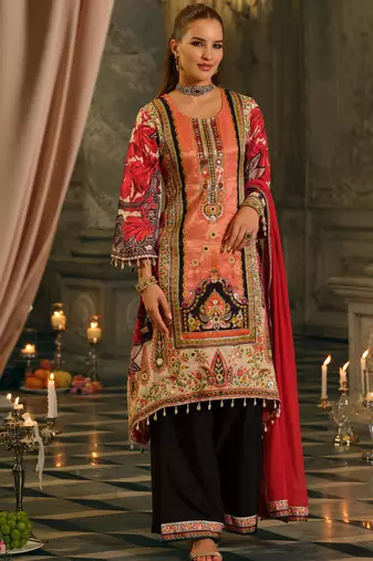 Multi silk blend printed kurta trouser dupatta set