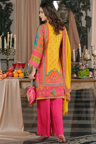 Multi silk blend embroidered kurta trouser dupatta set