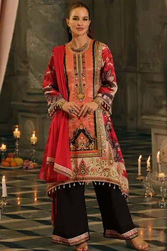Multi silk blend printed kurta trouser dupatta set