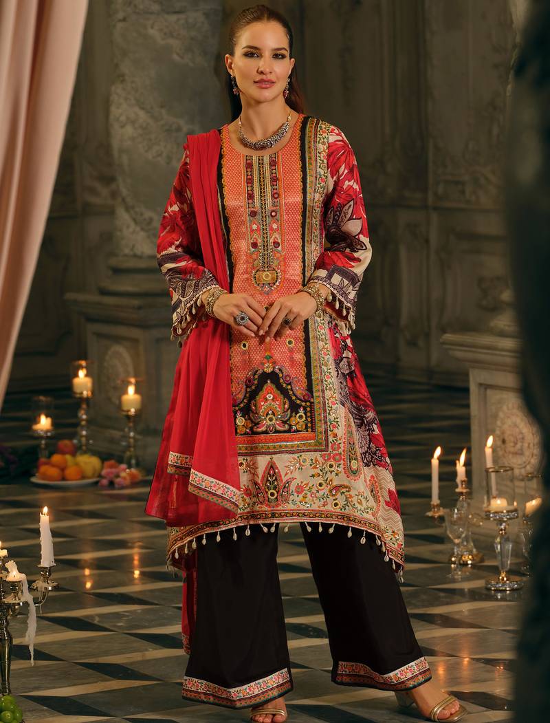Multi silk blend printed kurta trouser dupatta set
