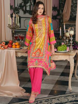 Multi silk blend embroidered kurta trouser dupatta set 3
