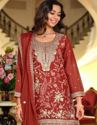 Rust silk blend embroidered kurta trouser dupatta set 1