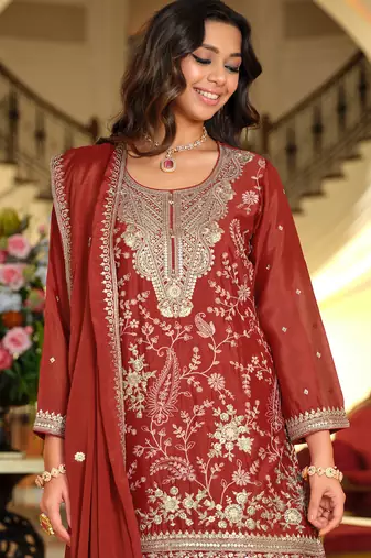 Rust silk blend embroidered kurta trouser dupatta set