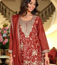 Rust silk blend embroidered kurta trouser dupatta set