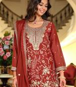 Rust silk blend embroidered kurta trouser dupatta set
