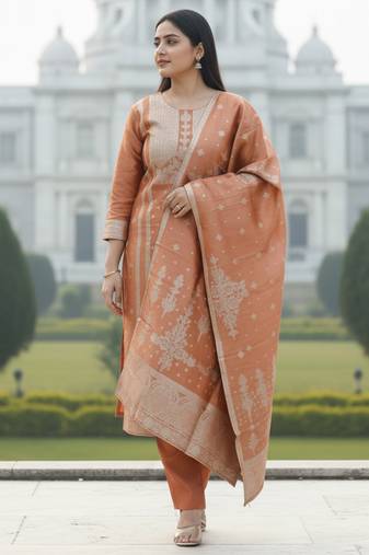 Rust silk blend printed kurta trouser dupatta set