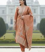 Rust silk blend printed kurta trouser dupatta set