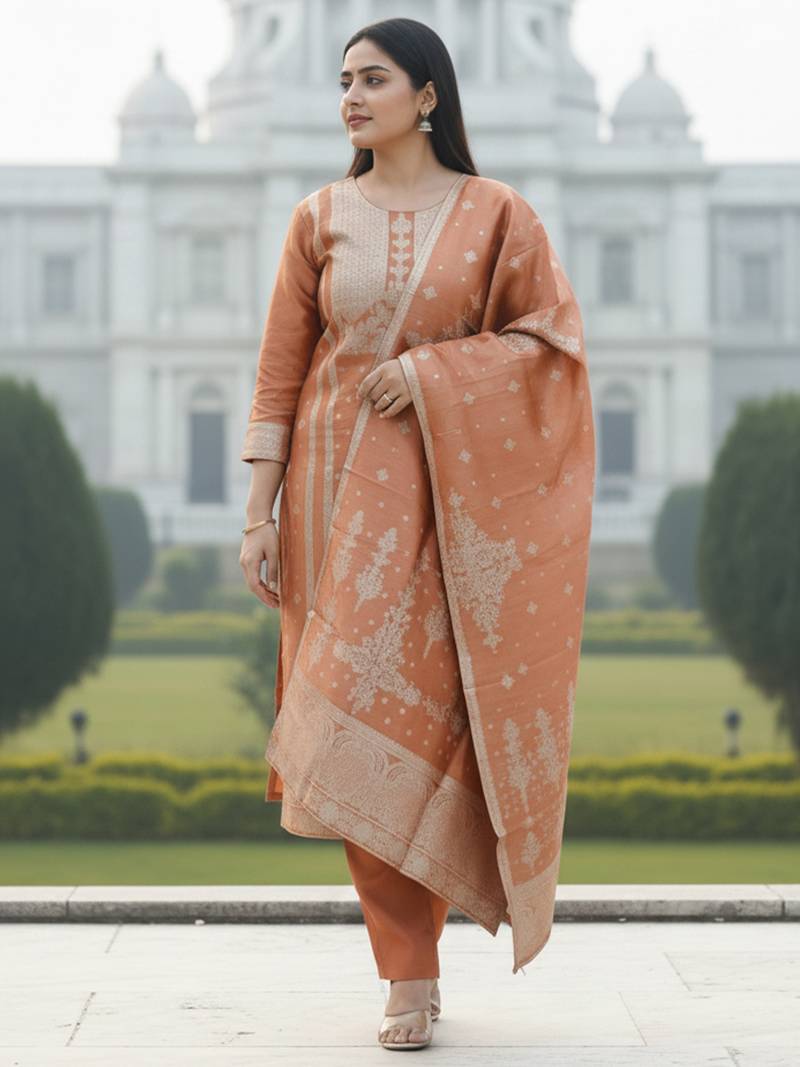 Rust silk blend printed kurta trouser dupatta set