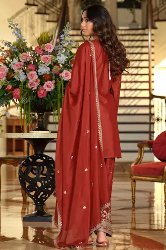 Rust silk blend embroidered kurta trouser dupatta set