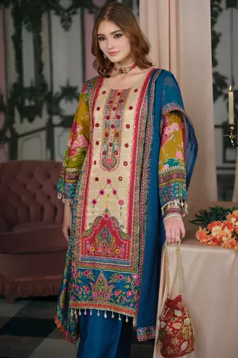 Multi silk blend embroidered kurta trouser dupatta set