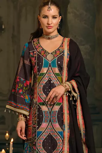 Multi silk blend printed kurta trouser dupatta set