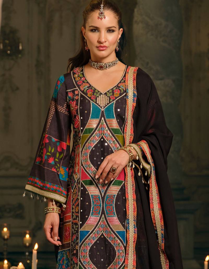 Multi silk blend printed kurta trouser dupatta set