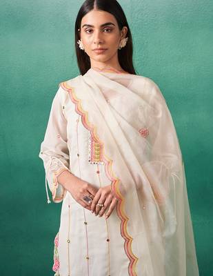 White organza embroidered kurta trouser dupatta set 1