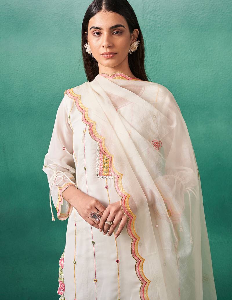 White organza embroidered kurta trouser dupatta set