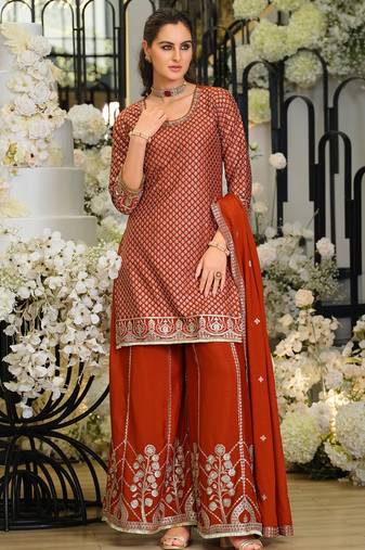 Rust silk blend embroidered kurta trouser dupatta set