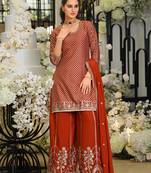 Rust silk blend embroidered kurta trouser dupatta set