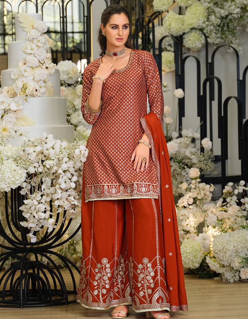 Rust silk blend embroidered kurta trouser dupatta set