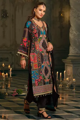 Multi silk blend printed kurta trouser dupatta set