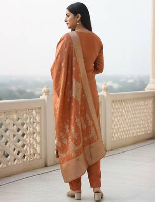 Rust silk blend printed kurta trouser dupatta set 2