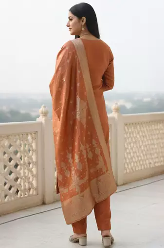 Rust silk blend printed kurta trouser dupatta set