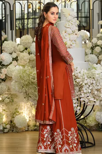 Rust silk blend embroidered kurta trouser dupatta set