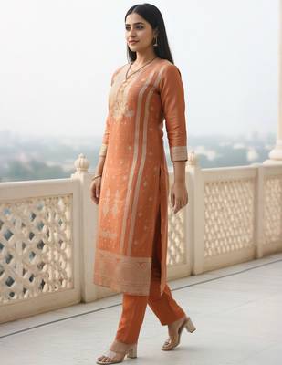Rust silk blend printed kurta trouser dupatta set 3