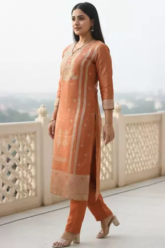 Rust silk blend printed kurta trouser dupatta set