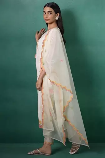White organza embroidered kurta trouser dupatta set