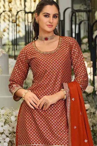 Rust silk blend embroidered kurta trouser dupatta set
