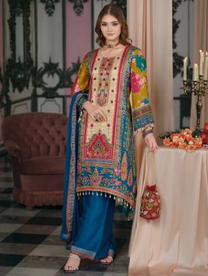 Multi silk blend embroidered kurta trouser dupatta set 3