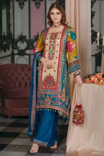 Multi silk blend embroidered kurta trouser dupatta set