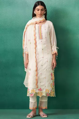 White organza embroidered kurta trouser dupatta set