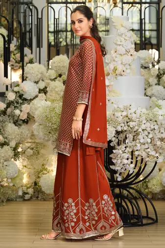 Rust silk blend embroidered kurta trouser dupatta set