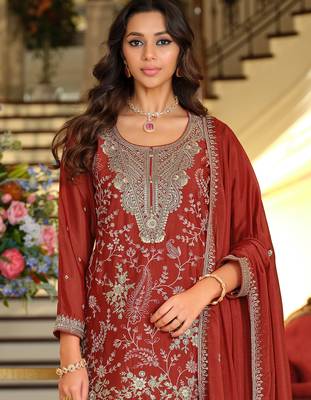 Rust silk blend embroidered kurta trouser dupatta set 3