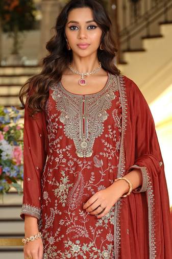 Rust silk blend embroidered kurta trouser dupatta set